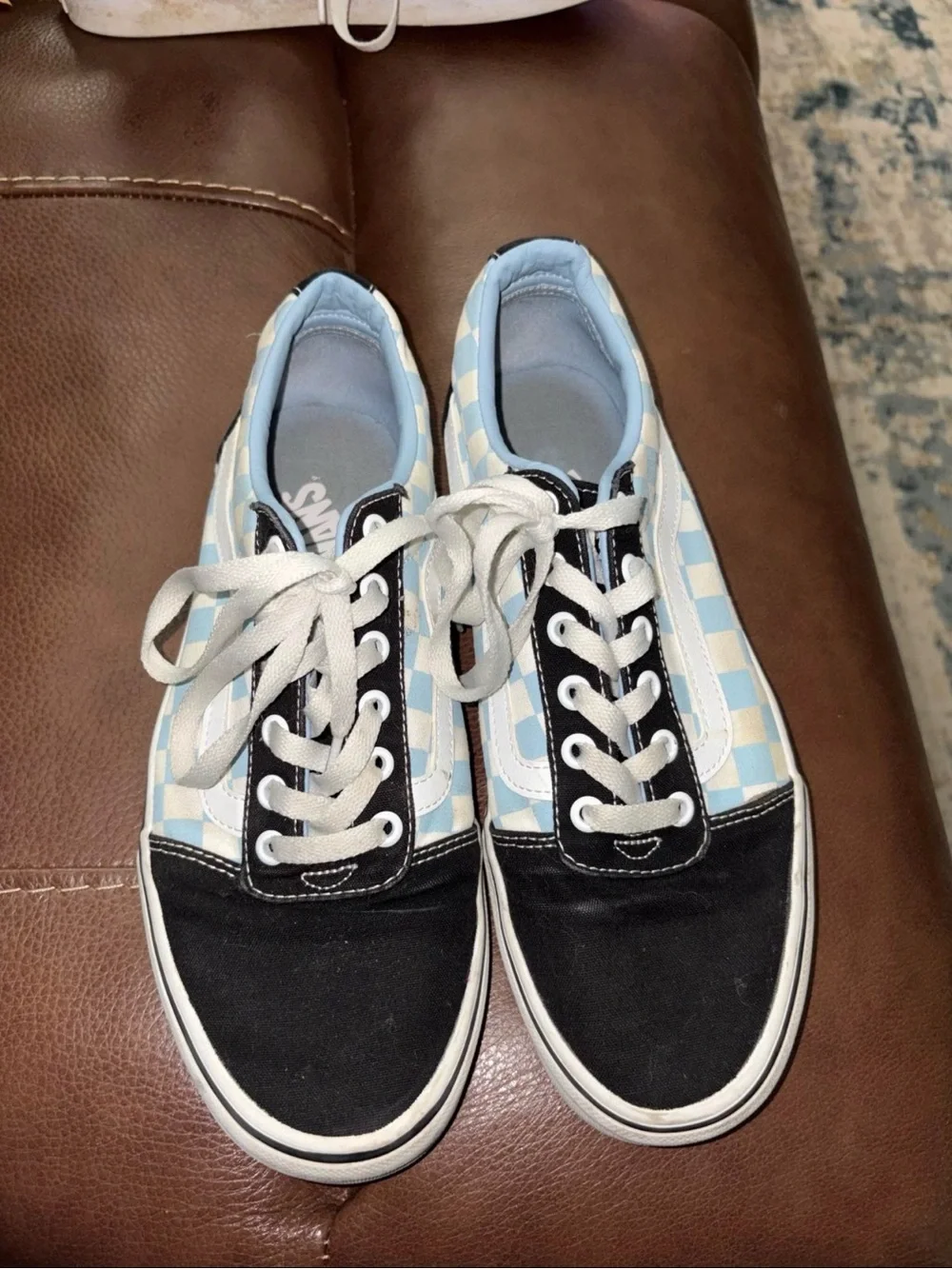 Vans Old Skool Checkerboard Sneakers in Light Blue, Black, and White